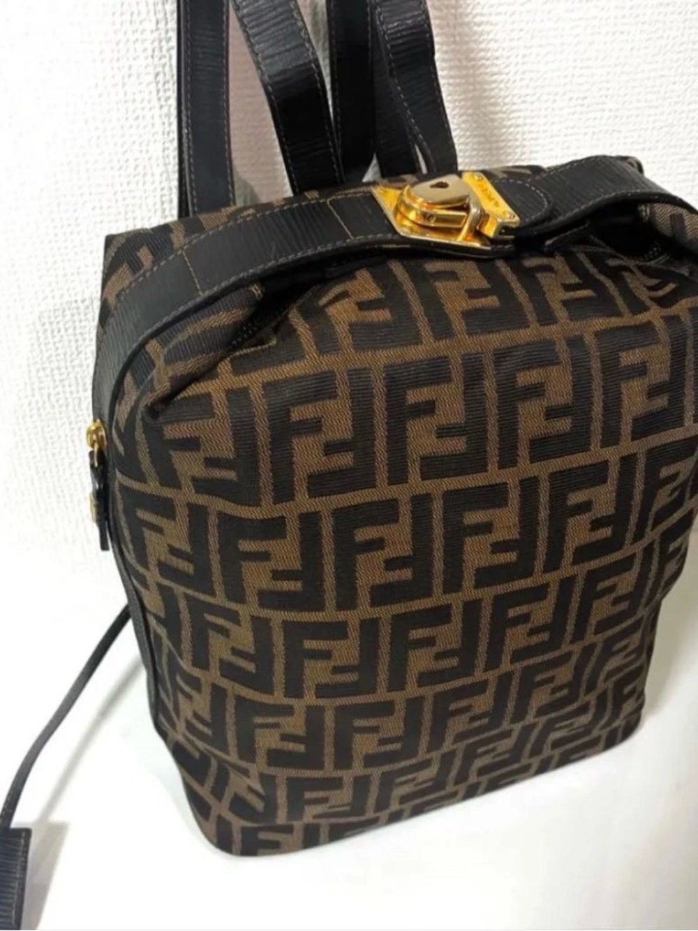 Fendi Vintage Zucca Nylon Leather Backpack Brown Black Key Italy Made EX